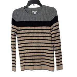 Croft & Barrow Black Tan Gray Striped Sweater Crew Neck Excellent Cond Size Sm